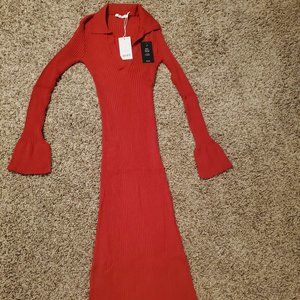 NA-KD brand rib knitted trumpet sleeve bodycon dress.